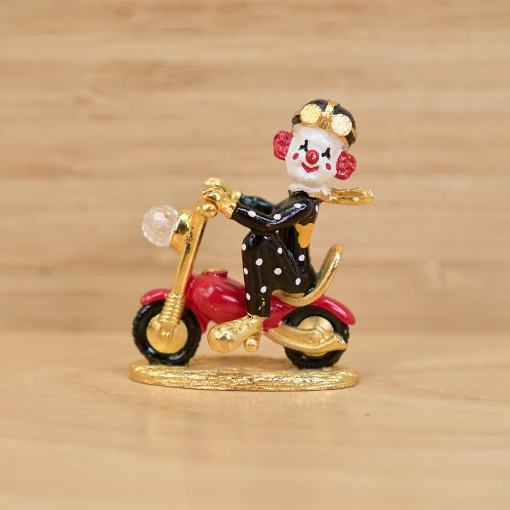 Spoontiques Clown on Motorcycle Pewter Gold Plated Figurine Crystal K1491
